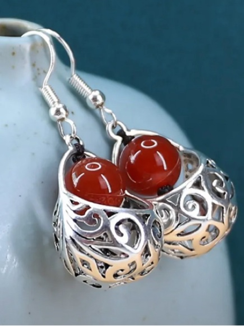Sterling Silver Filigree Drop Earrings with Red Agate Beads